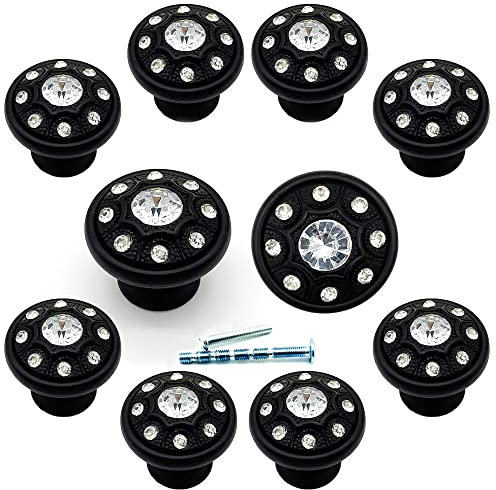 YOUYOUULU Schubladenknöpfe mit glänzendem Cabochon-Diamant-Kristall, funkelnde Kristallumrandung, Edelsteine, schwarz, Kommodenknauf, modern, elegant, Möbel-Dekor, Schrank-Ziehen, Schwarz, 10 Stück