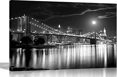 Schwarz-Weiß New York City Bridge Leinwanddruck Wohnkultur Wandkunst Bilder Büro Schlafzimmer Gerahmtes Stadtbild Kunstwerk 40 x 30 cm A3