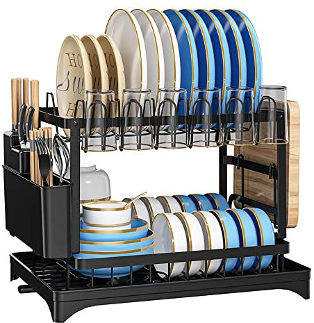 ASelected 2 Tier Dish Drainer Rack, Black Dish Drying Rack, Stainless Steel Draining Dish Rack and Drain Board Set, Dish Drying Rack Kitchen Drainer with Utensil Holder for Kitchen Counter
