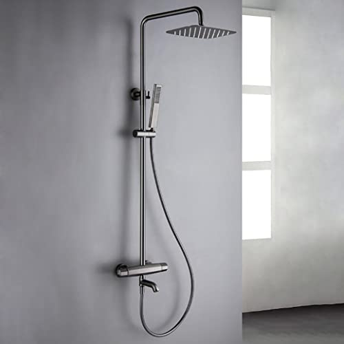 Brausegarnitur Duschsystem Gun Grey Messing Thermostat DREI Funktionen Brausegarnitur Badewanne Umsteller Mischbatterie mit höhenverstellbarem Brausekopf und Wannenarmaturen, Brausegarnitur,B