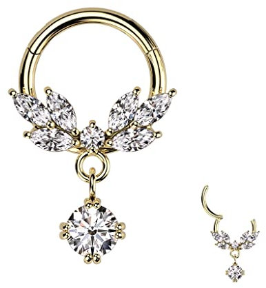 Treuheld® Segmentring-Clicker Piercing mit Kristallen und Anhänger [02.] Gold