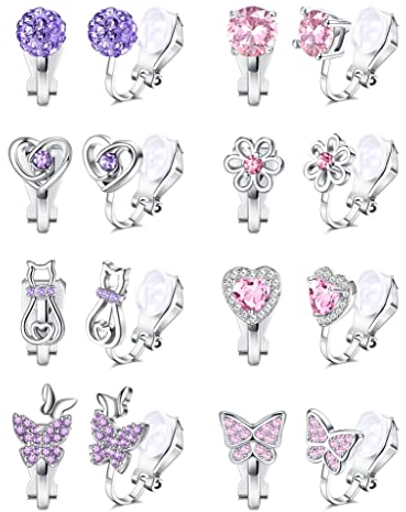 CASSIECA 8 Paare Ohrclips für Mädchen Clip On Ohrring Kinder No Piercings Ohrringe Blumen Schmetterlinge Katzenpfoten Sterne Herz Hypoallergen Ohrringe Zirkon Mädchen Verkleiden Sich Schmuck
