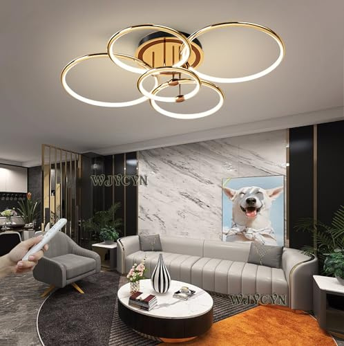 Moderne LED Deckenleuchte Dimmbar Gold Ring Deckenlampe mit Fernbedienung Metall-Acryl Runde Kronleuchter Wohnzimmer Küche Schlafzimmer Büro Esszimmer Lampe Dekoration Beleuchtung 5 Ring/105W/100cm