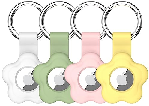 Alsukeay 4 custodie protettive per AirTag con portachiavi fiore silicone titolare compatibile con AirTag Tracker per portafogli bagagli zaini bambini animali (Bianco/Verde/Rosa/Giallo)
