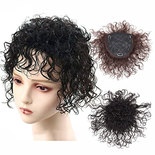 Supergroße 15 x 15 cm Rosenbasis, Echthaar-Topper, nahtlos, einteilig, gelockte Perücke mit Locken, Pony, Ersatzperücke für Damen, 25 cm, Schwarz