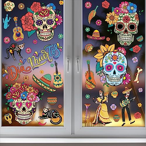 XINDY Tag der Toten Deko, Halloween Fensterbilder Mexikanische Totenkopf Fenstersticker Selbstklebend Dia De Los Muertos Deko Fensteraufkleber Halloween Deko Fenster für Halloween Party