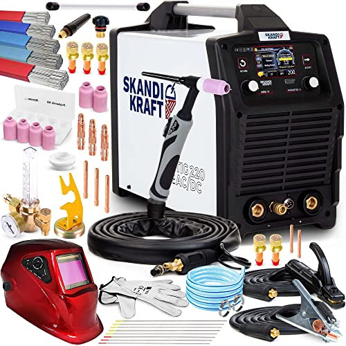 SKANDI KRAFT iTECH TIG 220 - WIG Schweißgerät AC DC Puls mit innovativem WIG AUTO System (WIG-Synergie) und 200A - Aluminium Schweißgerät mit Vollregelung und 6 AC-Wellenformen - Set PremiumPlus