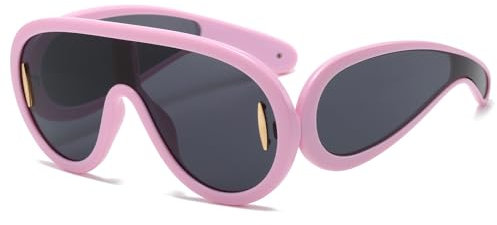 YUELUQU Mode Rave Sonnenbrille für Frauen Männer übergroße futuristische Schild Welle Maske Sonnenbrille Designer Stil (Rosa/Grau)