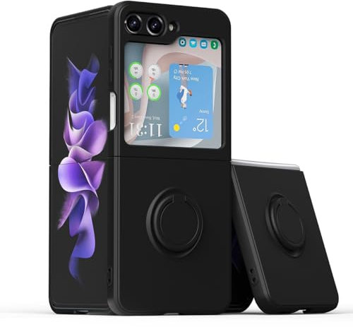 Keyihan Cover per Samsung Galaxy Z Flip5 (Z Flip 5) 5G con Supporto Anello a 360°Lanyard Cinturino da Polso Silicone liquido morbido Custodia Antiurto AntiGraffio Flessibile Slim (Nero)