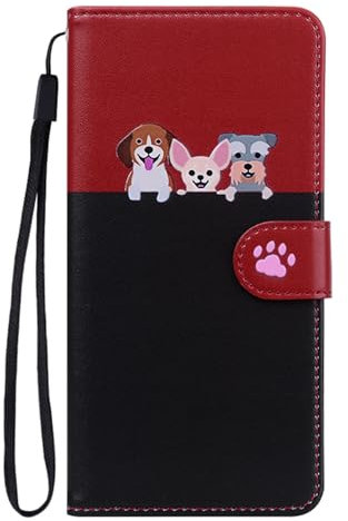 Butnyeoe Phone Case for iPhone 15 Pro,Cute Cartoon Dogs PU Leather Magnetic Wallet Flip Folio Protective Cover Case with Kickstand and Card Slots,Red+Black