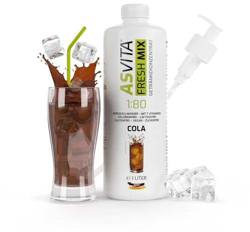AsVita Getränkekonzentrat Fresh Mix 1:80-1L Flasche inkl. Dosierpumpe - Getränke Sirup zuckerfrei - 26 leckere Geschmacksrichtungen (Cola)