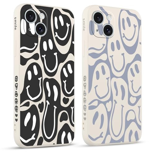 Pnakqil 2 stück Handyhülle für Apple iPhone 15 6.1,Hülle Lustiges Verdrehtes Lächeln Face Grimace Bemaltes Muster süß Aesthetic Mädchen Silikon Schutzhülle Tasche Schön Kameraschutz Case