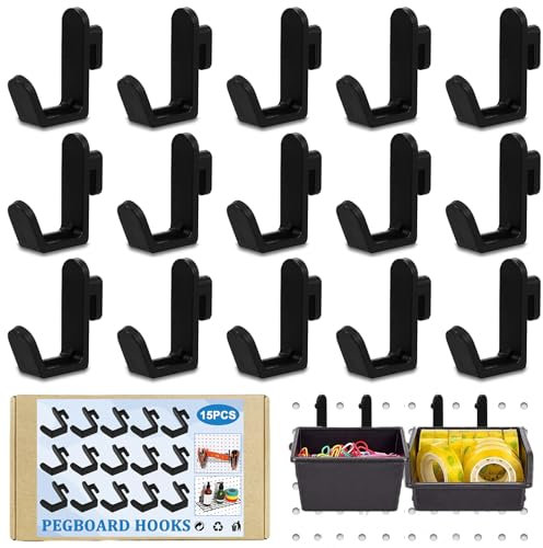 Jormftte 15 Pcs Pegboard Hooks, J Hook Style Hooks Plastic Peg, Black Pegboard Accessories, for Storing and Organizing Tool Accessories, Peg Board Tool Organizer (1.37 X 1.37inch)
