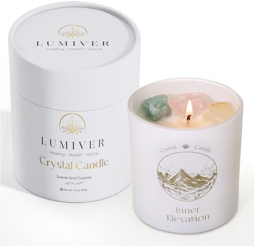 Duftkerze im Glas Lavendel Vanille mit Edelsteinen Grüner Fluorit, Rosenquarz & Citrin, natürliches Sojawachs, nachhaltig, Geschenkverpackung, Geschenk für Frauen,