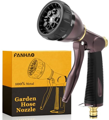 FANHAO Pistola da Giardino in 100% Metallo con 8 Modalità di Getto Regolabili, Pistola Irrigazione ad alta pressione con Impugnatura Antiscivolo per Innaffiare Piante e Prati, Lavare auto - Bronzo