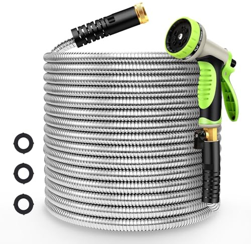Takuvan Metal Garden Hose 50ft Flexible Water Hose Stainless Steel Heavy Duty Lightweight Durable Strong Kink Free Extra Long Hose Pipe with 10 Way Nozzle for Outdoor Outside Lawn Yard