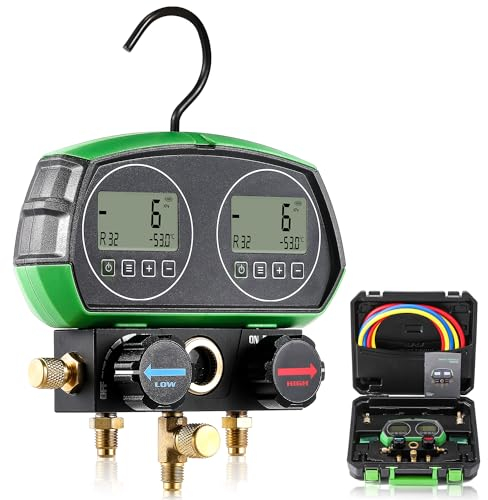 Bonvoisin HVAC Digitales Verteiler-Messgerät, 90-Arten Kältedaten, Dual Screen Display, mit Kühlmittelschläuchen, zum Testen der Wartung von Klimaanlage Kühlschrank