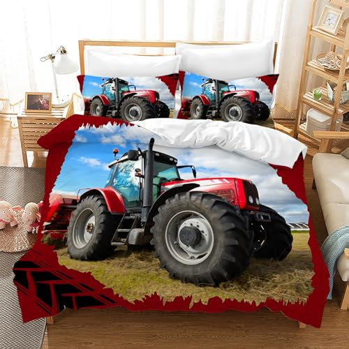 Leleyouzer 3D Traktor kinderbettwäsche,Weiche Mikrofaser Traktor-Bettbezug mit 2 Kissenbezug 50 x 75 cm (Tractor 3, 135×200 cm)