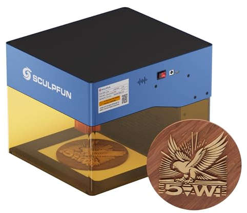 SCULPFUN iCube 5W Lasergravur maschine, 10000 mm/min, 0,06 mm Laserfokus, App Schnitzen, mini lasergravierer mit Rauchfilter und Temperaturalarm, laserschneider für holz, metall