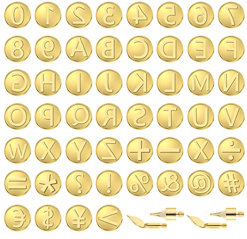 willkey 56Pcs Wood Burning Tip Set Letter Wood Burning Tool Including Alphabet Number Symbol Brass Alphabet Number Template Pyrography Head Tools for DIY Embossing Carving Craft Wood Burning