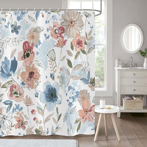 Hnmdmyi Duschvorhang Blumen 180x220, Vintage Bunte Blume Retro Ästhetisch Abstrakt Blüte Blatt Pflanze Botanisch Badewanne Vorhang Wasserdicht Polyester Stoff Waschbar Badevorhang mit Haken