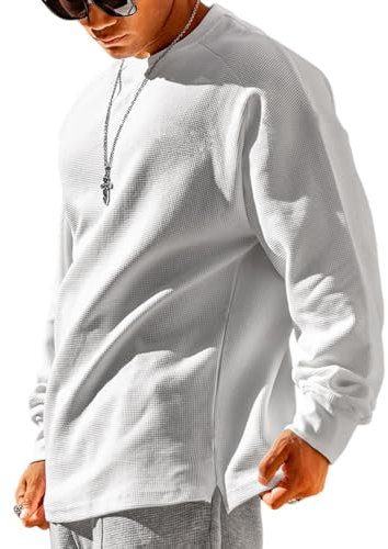 Herren Loose Fit Waffel Langarm Sweatshirts Klassischer Rundhalspullover Color Weiß Size M