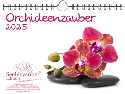 Orchideenzauber DIN A5 Wandkalender für 2025 Orchideen und Blüten - Set-Inhalt: 1x Kalender 1x Weihnachtsanhänger 1x Grußanhänger (gesamt 3 Teile)