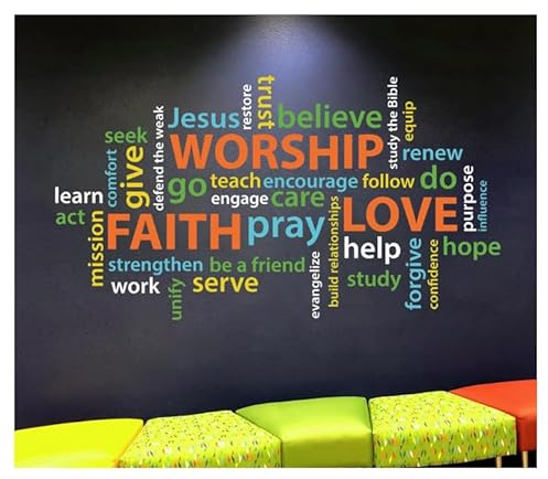 Word Collage for Church or Youth Center - Faith Hope Worship Love Youth Room Church Christian School Wordle Wall Decal Vinyl Decal Colorful Collage Word Cloud - Size - 40 Tall x 73 Wide