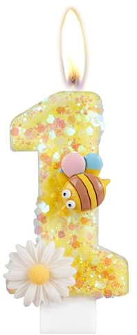 Blume Geburtstagskerzen, Zahl 1 Kerzen mit Biene für Kuchen, Mädchen 1. Geburtstag Dekorationen, Gelb Glitzer Geburtstagskerzen, Honigbienenkuchenkerzen Toppers für Mädchen Baby Geburtstag Party