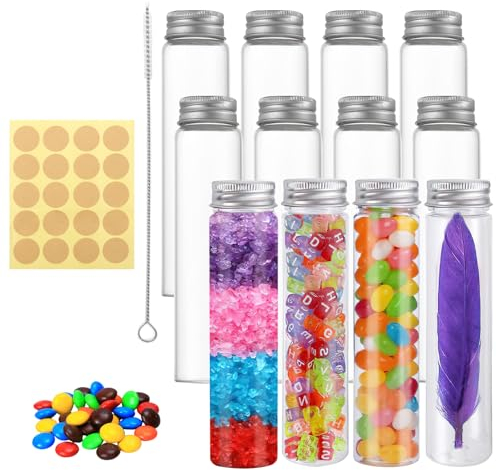 VEGCOO 12Pcs Tubes à Essai Plastique, Bouteille Sensorielle, 110 ML Tube Plastique Transparent avec Bouchon à Vis, Étiquette et Brosse de Nettoyage, pour Bonbons, Fleurs, Épices (110ML/12Pcs)