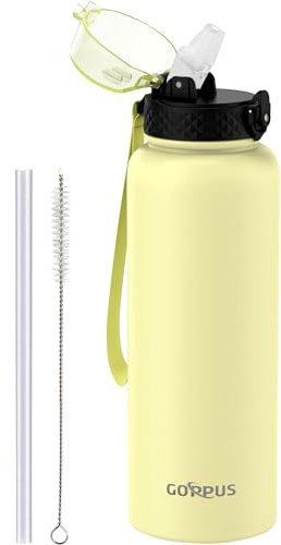 GOPPUS 1.2L/40oz Stainless Water Bottle with Straw Double Wall Insulated Bottles with Strap Large Vacuum Thermal Flask Leakproof Keep Cold Drinks Bottles with Flip Top Lid for Men Women BPA Free