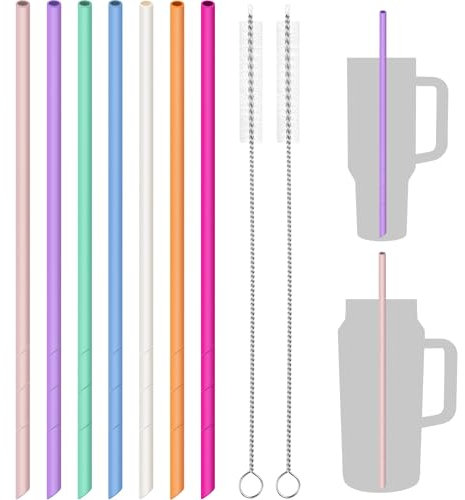 NiHome Cannucce in silicone da 35,6 cm, confezione da 7 per tazze Stanley e bottiglie grandi, lunghezza personalizzabile, cannucce riutilizzabili per uso alimentare, con 2 spazzole per la pulizia,