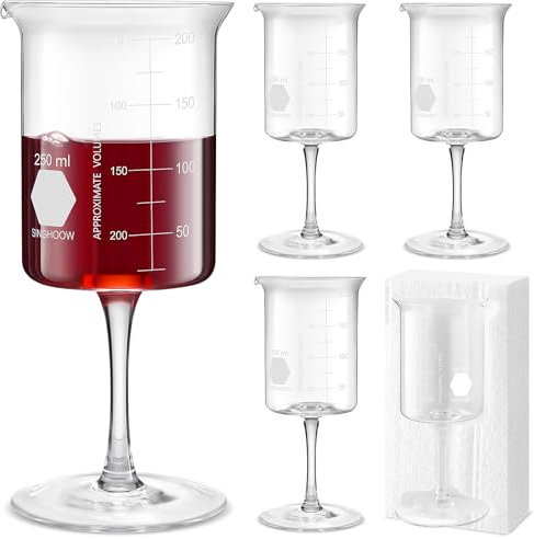 Singhoow 4 Pcs Laboratory Beaker Wine Glasses, 8.5 oz Chemistry Glasses Thick Glass for Wine Borosilicate Glass with Graduated Chemistry Glassware Science Christmas Gift