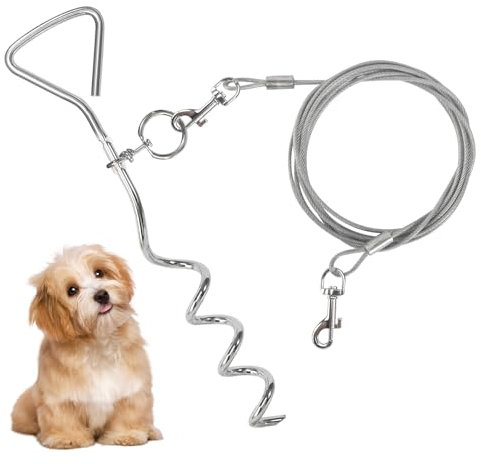 Dog Tie Out Cable and Stake, Heavy Duty Dog Stake 41cm with 3m Dog Chains for Outside Steel Spiral Stake Dog Tether, Dog Camping Accessories Dog Lead Hook Dog Ground Spike for Puppy Medium Pet