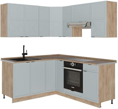 Vicco Eckküche Fame-Line, Hellblau-grau/Goldkraft Eiche, 190 x 160 cm