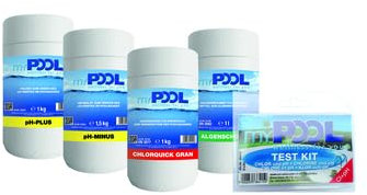zbs24 Pool Pflege Set MyPool Starterpaket 5-teilig, Algenschutz, pH-Wert Regulierung, Chlorgranulat, Test Kit für Wasseranalyse