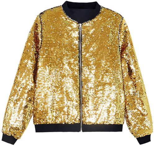DUHENWU Glänzende Pailletten Bomberjacke Für Herren Gold Glitzer Mantel Hiphop Langarm Jacke Party Disco Glänzende Fliegenjacke 70Er 80Er Jahre Disco Kostüme Hippie Lustig Karneval Kostüme