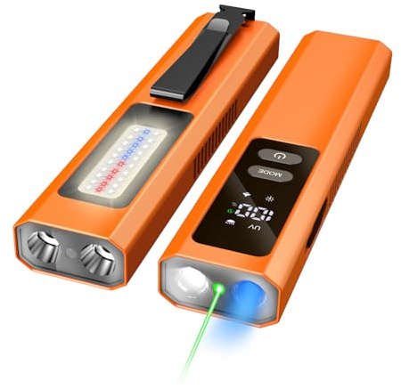 EDC Flat Flashlight High Lumens, Rechargeable Pocket Light with White/Warm LED, UV, Gream Beam, Flash Combo, 4 Bright Modes, Double Magnetic Base, for Outdoors, Emergency, Work, Detection (Orange)