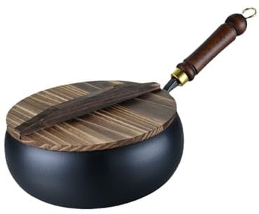 Dorugage Cast Iron Wok | Cast Iron Frying Pan | 28 cm Chinese Handmade Wok Non Stick Saucepan | Japanese I-Ron Pan with Wooden Handle and Lid | No Coating for Stoves and Induction Hobs
