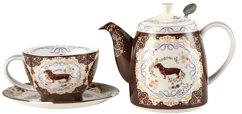 London Pottery Bone China Teapot Set, Teapot and Server Set for One, Animal Pattern Teapot Cup and Saucer Set (Dog)