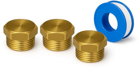 PipeSan – Tappo in ottone 1/2 maschio BSP (G 1/2, 15/21) – Set 3 pz + nastro PTFE – Tappo filettato per chiusura raccordi acqua/gas | tappo pollice
