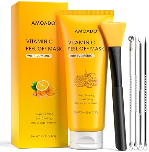 Vitamin C Kurkuma Peel Off Gesichtsmaske, Mitesserentferner Maske für Männer und Frauen, Mitesser Maske für Mitesser, Poren und Ölkontrolle mit Pickel Extraktor und Bürste, 120g