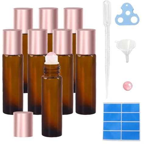 Warmify 8 Pieces Rose Quartz Roller Bottles for Essential Oils, Refillable Amber Glass Bottles with Natural Crystal Roller Balls, Leakproof Travel Perfume Bottle with Rose Gold Caps