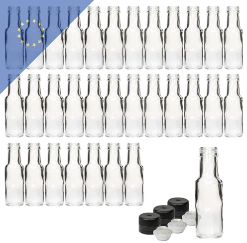 45 Stk. Glasflaschen Dorica 100ml inklusive schwarzem PP31.5 Kunststoffverschluss und Ausgießer – Ideal für Öle, Säfte und Essig – Robuste Flasche für lange Haltbarkeit und optimale Lagerung