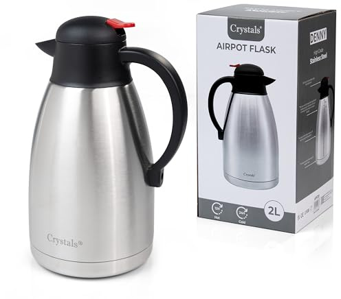 Crystals 2L Thermal Coffee Carafe Jug, Stainless Steel Insulated Vacuum Coffee Pot Flask for Tea Hot and Cold Drinks, Upto 12 Hours Hot, 24 Hours Cold, Silver (Push Button)