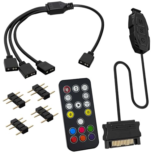 NYVOR 5V 3-Pin SATA Power ARGB Controller, 14 Key Fernbedienung Steuerung für RGB Beleuchtungseffekte, 1 auf3 ARGB Splitterkabel, RGB Fan Hub Verbesserte Version für Desktop-Gehäuselüfter Lichtleisten