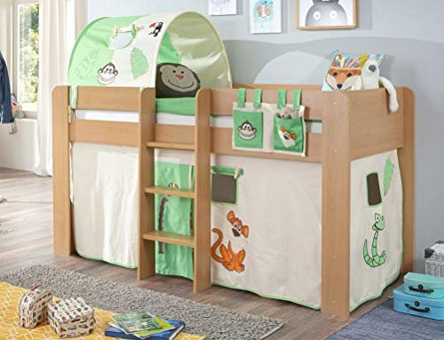 Hochbett ANDI 2 Kinderbett Spielbett halbhohes Bett Buche Stoffset Dschungel