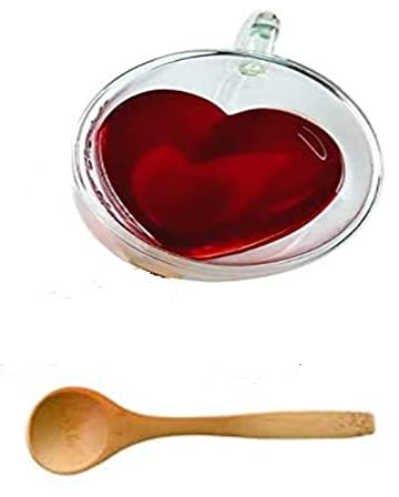 Xiaolanwelc@ Glass Tea Cup With Handle Heart Shaped Clear Double Wall Lovers Coffee Afternoon Tea Double Layer Glass Mug (240ml, clear)