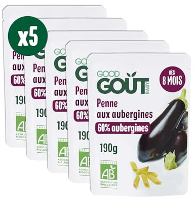 GOOD GOÛT - Pennes Aux Aubergines - Plat Cuisiné Pour Bébé - Dès 8 Mois - Purée Moulinée - Fabriquées En France - Sachets Micro-Ondables - 5x190g