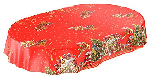 ANRO Wachstuchtischdecke Wachstuch Wachstischdecke Tischdecke Weihnachten Weihnachtsmann Rot Sterne Oval 180x140cm eingefasst